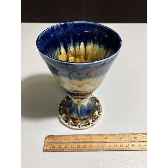 Tan & Blue Glaze Stoneware Goblet Chalice Studio Art Cup - Picture 6 of 7